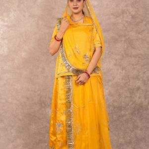 Mango Yellow Aari Sequins Work Rajputi Poshak | Zari Work on Bamber Satin | Jaipurio Designer Collection